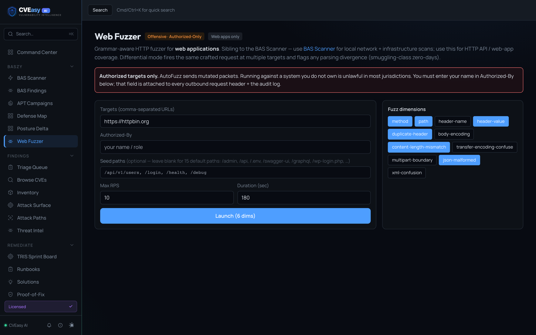 CVEasy AI Web Fuzzer (AutoFuzz) grammar-aware HTTP fuzzer with fuzz dimensions for smuggling-class zero-day discovery