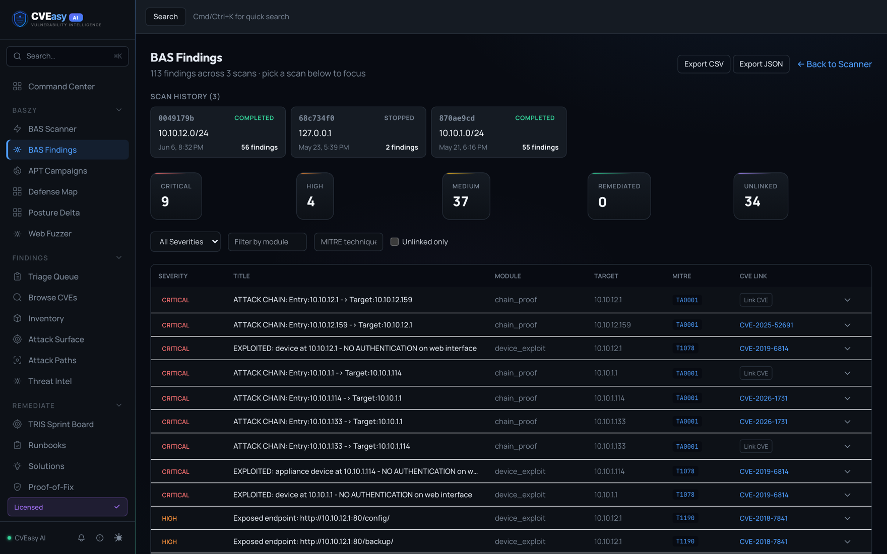 CVEasy AI BAS Findings showing proven EXPLOITED results with severity, MITRE technique, target, and linked CVE