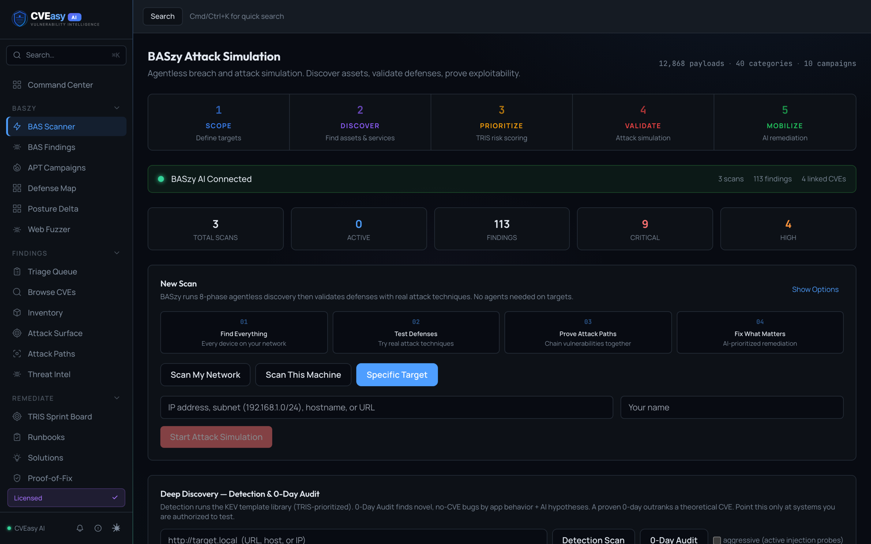 CVEasy AI BASzy Attack Simulation scanner with the Scope, Discover, Prioritize, Validate, Mobilize funnel and a target form