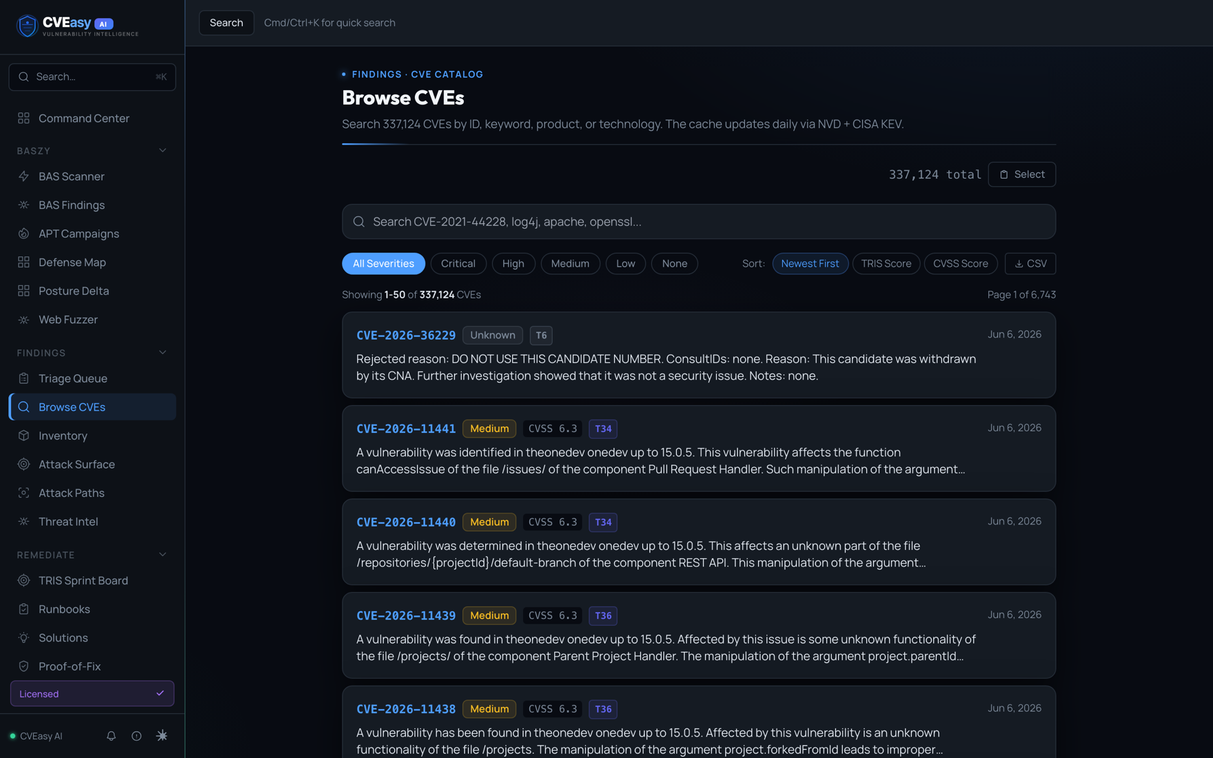 CVEasy AI CVE browser listing findings with their TRIS scores and exploitation signals