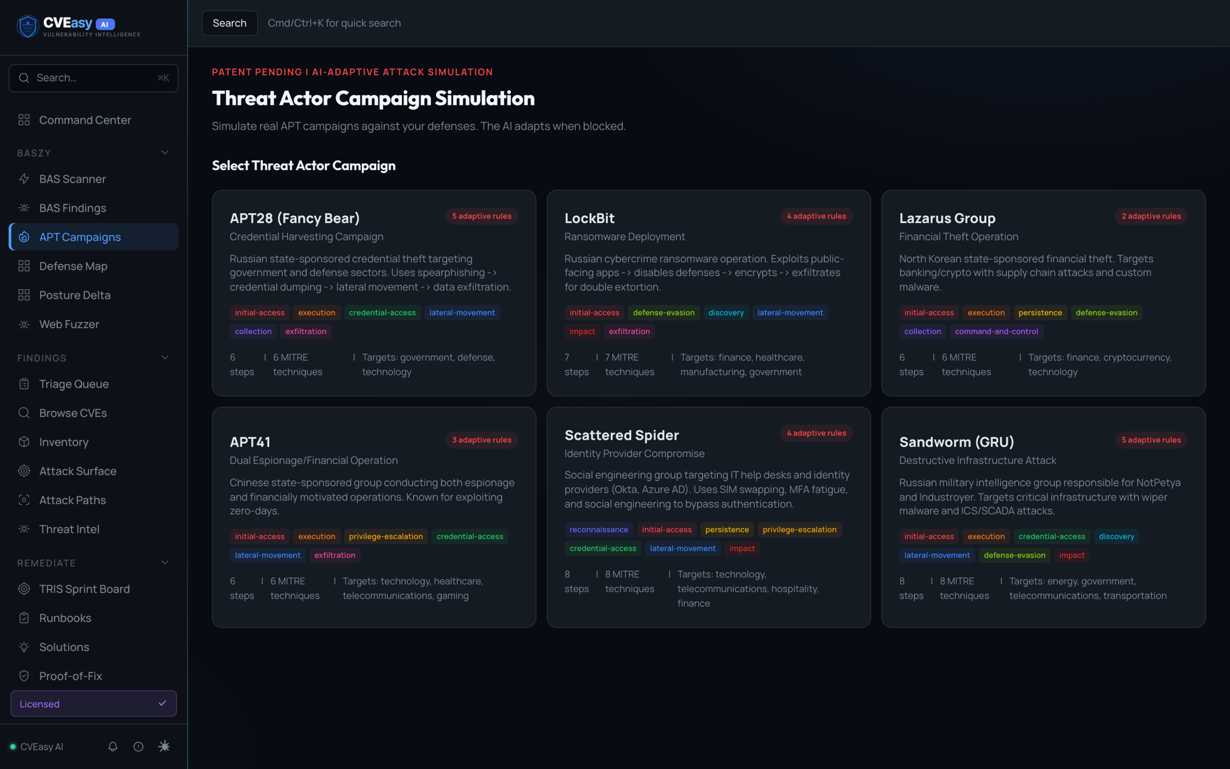 CVEasy AI Threat Actor Campaign Simulation library with APT28, LockBit, Lazarus, APT41, Scattered Spider, and Sandworm campaigns
