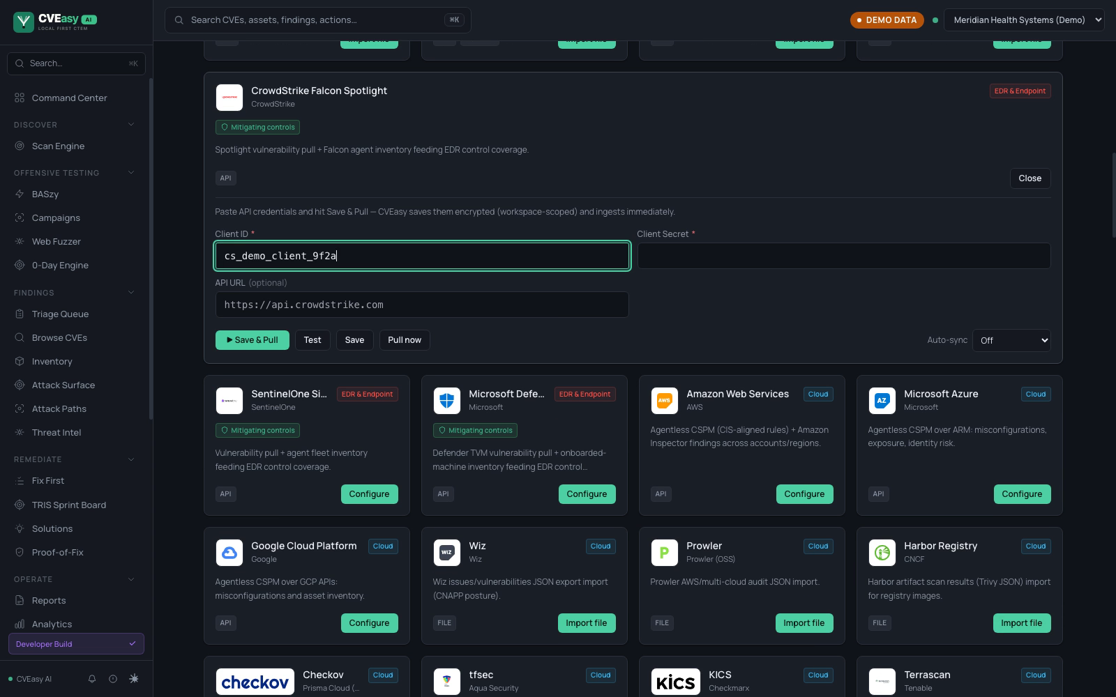 CrowdStrike Falcon Spotlight connector form in CVEasy AI with client ID and client secret fields, next to cloud connector cards for AWS, Azure, GCP, and Wiz
