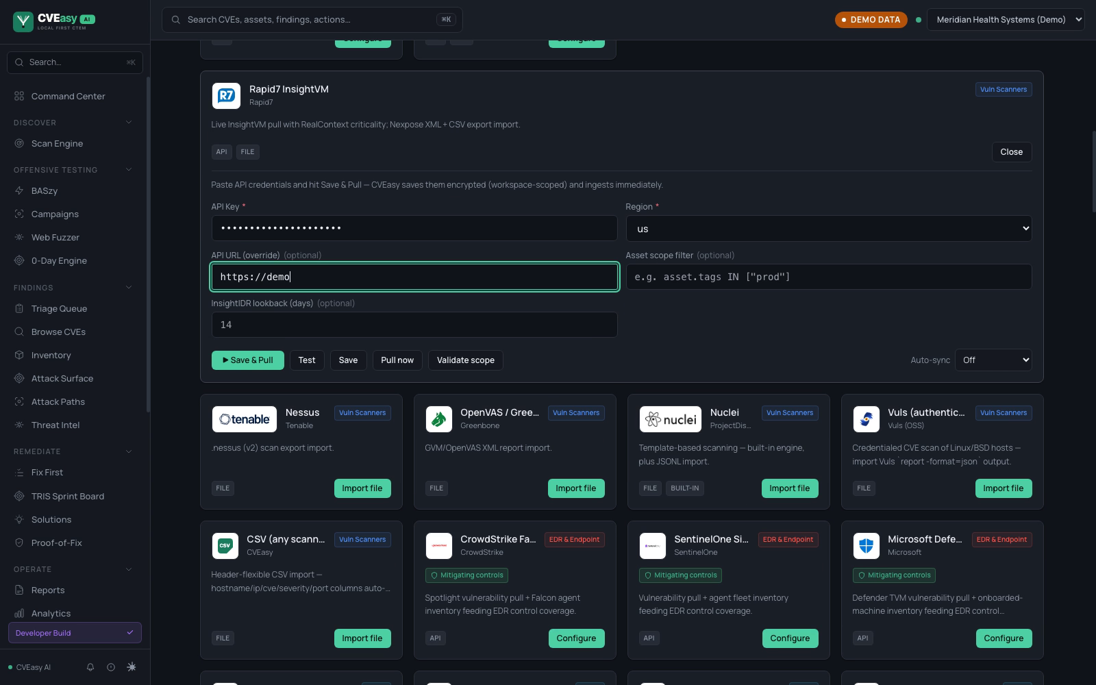 Rapid7 InsightVM connector form in CVEasy AI with API key, region, optional URL override, asset scope filter, and InsightIDR lookback fields