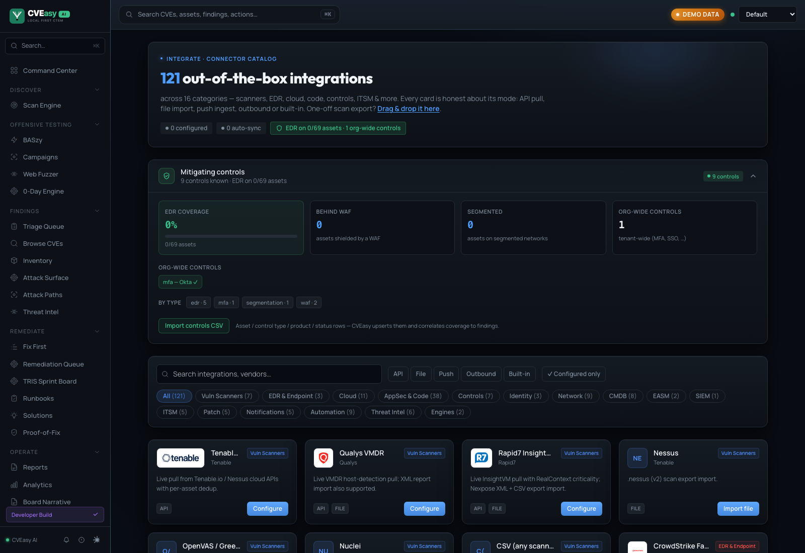 CVEasy AI Connectors catalog showing 121 out-of-the-box integrations across 16 categories, a mitigating-controls panel, and connector cards for Tenable, Qualys, Rapid7, Nessus, and CrowdStrike with API and FILE mode badges