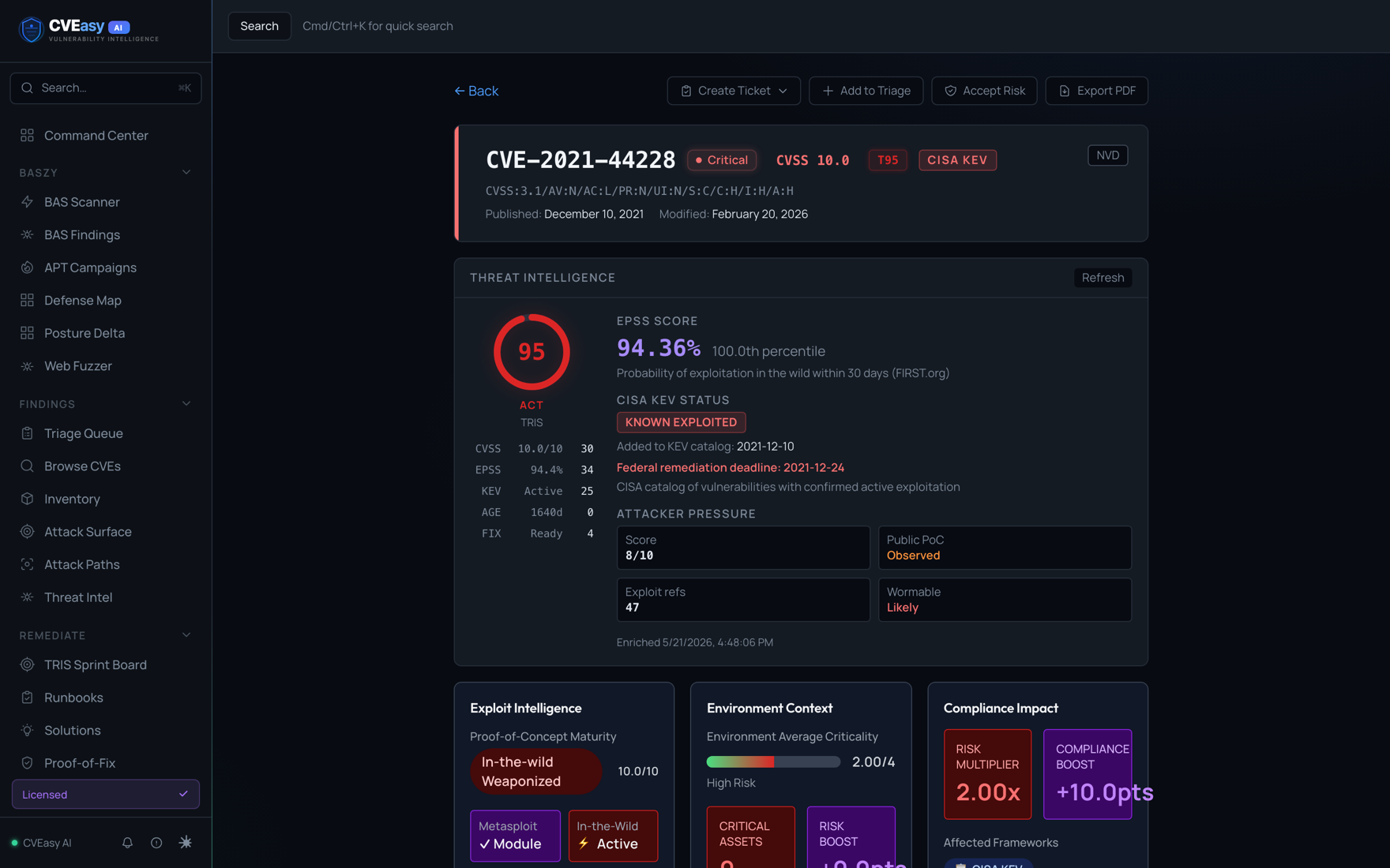 A CVEasy AI CVE detail page showing the TRIS ring, EPSS, CISA KEV status and attacker pressure