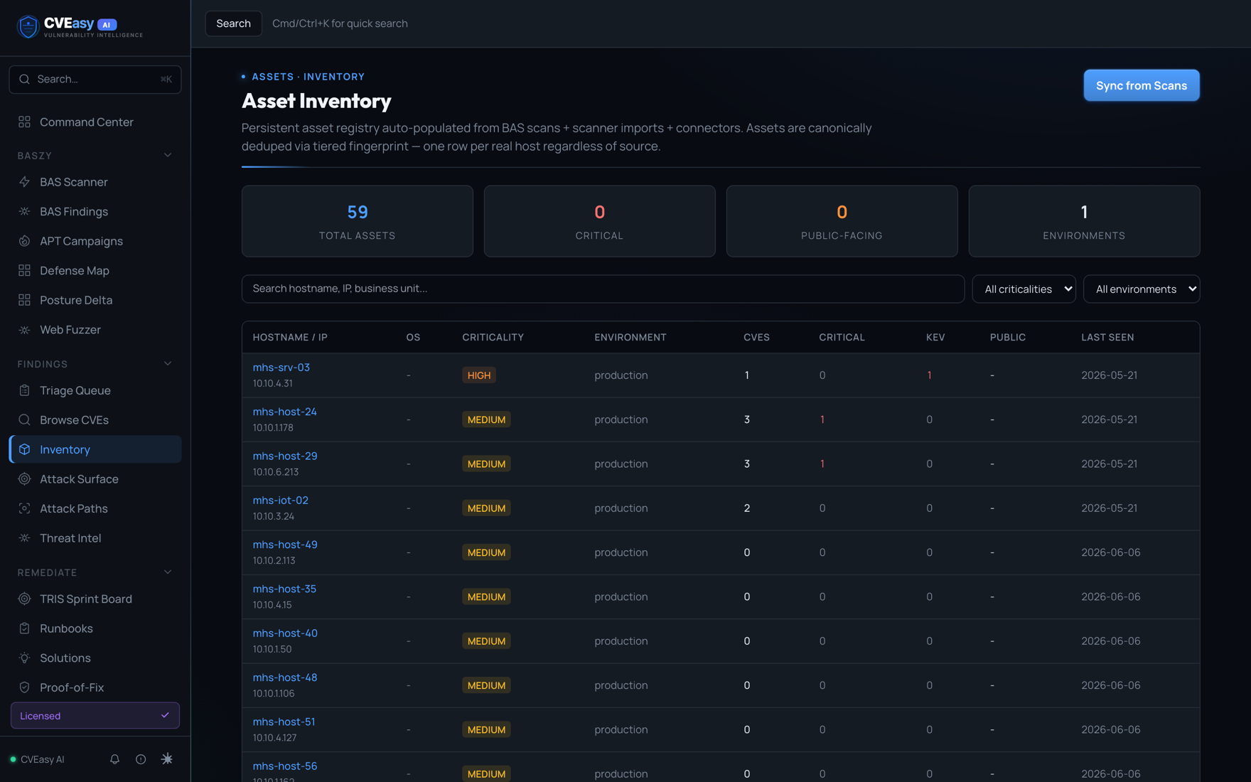 CVEasy AI Asset Inventory table listing hosts with OS, criticality, environment, and CVE counts
