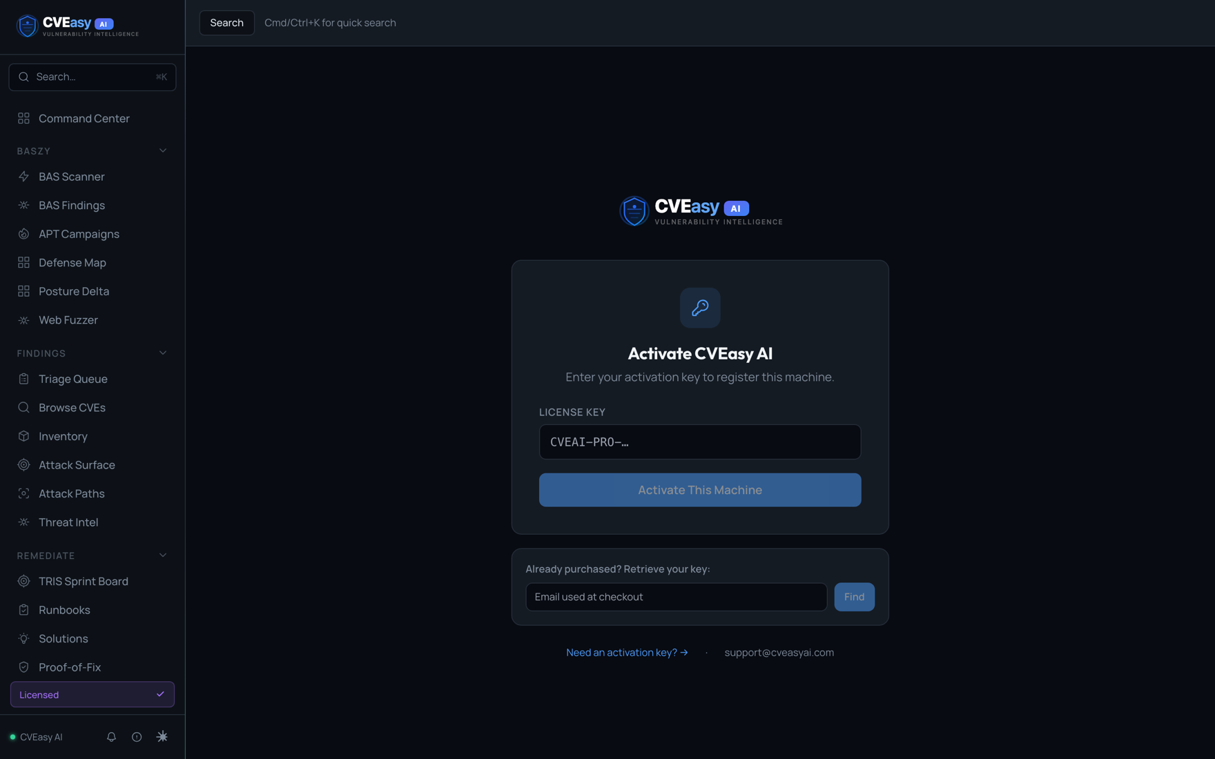 CVEasy AI license activation screen with a license key field and Activate This Machine button