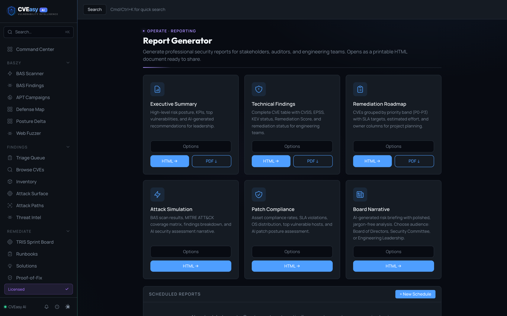 CVEasy AI report generation producing executive summary, technical findings, remediation roadmap, and board narrative