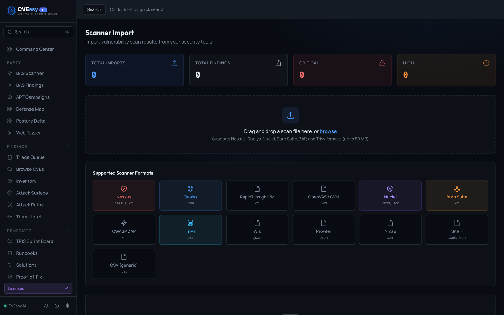 CVEasy AI Scan Imports drag-and-drop page with supported scanner format tiles