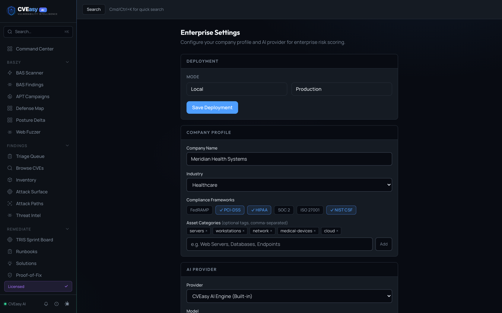 CVEasy AI Enterprise Settings page with company profile, industry, and compliance framework options