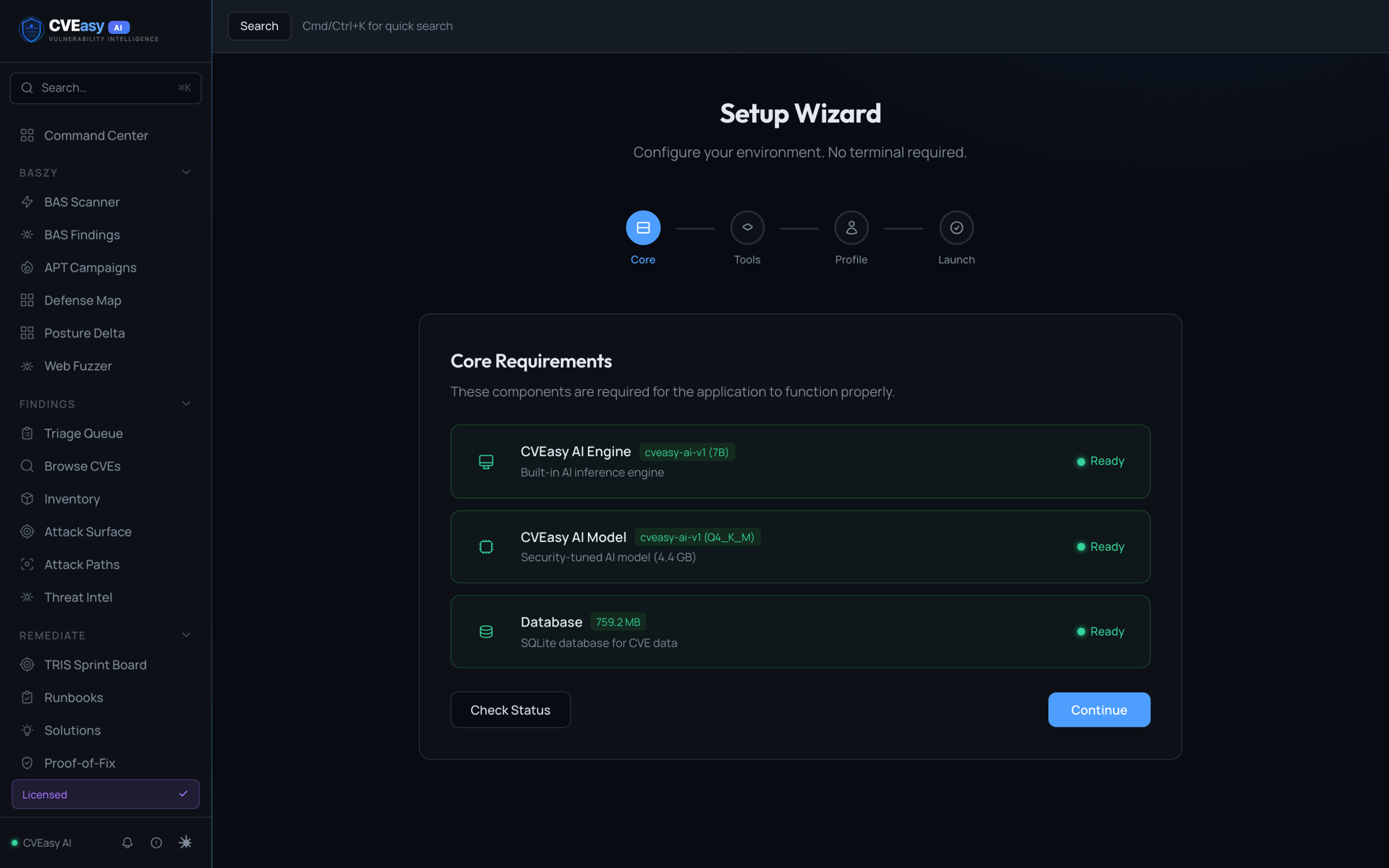 CVEasy AI Setup Wizard showing the AI Engine, AI Model, and Database core components all marked Ready