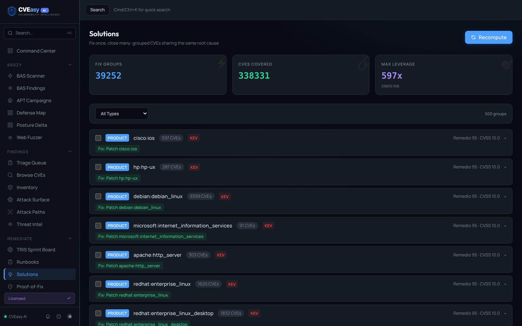 CVEasy AI Solutions grouping CVEs by root cause so one fix closes many, with a leverage column