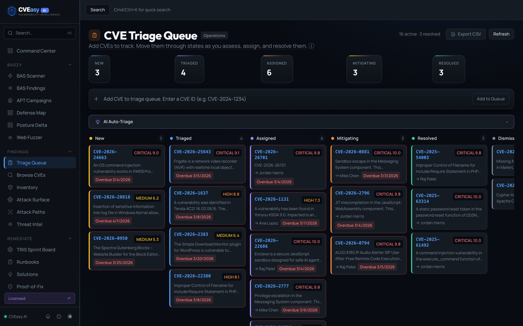 CVEasy AI Triage Queue kanban board with New, Triaged, Assigned, Mitigating, and Resolved columns