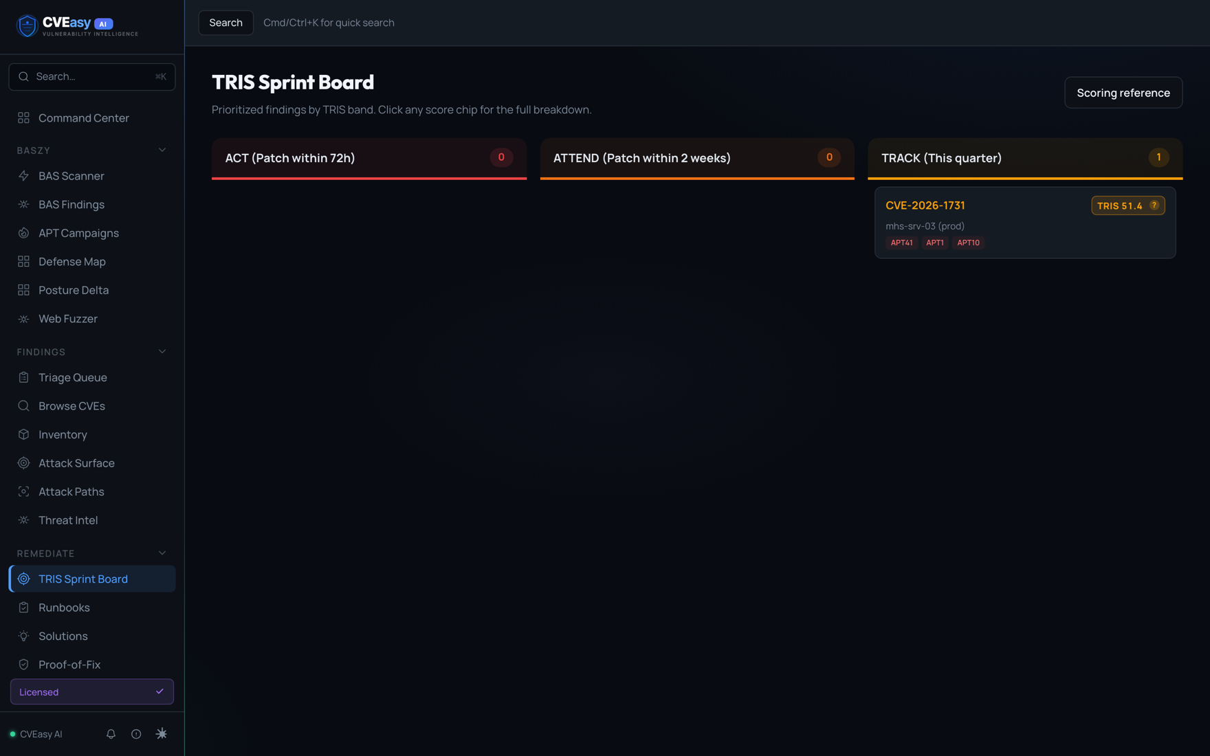 CVEasy AI TRIS Sprint Board grouping findings into ACT, ATTEND and TRACK bands